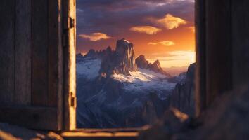 Mountain Peaks Seen Through Open Window at Colorful Sunset photo