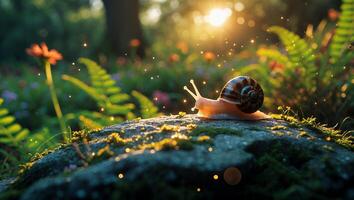 Snail Crawling on Mossy Rock in Sunlit Garden Landscape Scene photo