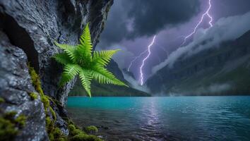 Lake View with Fern Lightning and Mountains Creates a Dramatic Scene photo