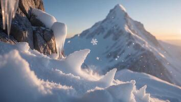 Snowy Mountain Peak Scene with Icicles and Sparkling Snowflakes photo