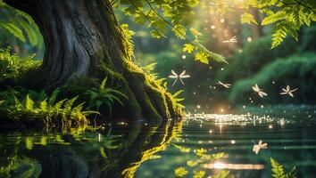 Tranquil Forest Pond with Tree Reflection and Flying Insects photo