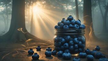 Blueberries in Jar with Forest Background and Light Rays Shining photo