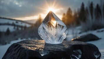 Ice Crystal Shines on Rock with Winter Landscape at Sunset photo