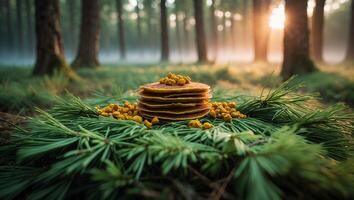 Pancake Stack Topped with Crumble on Pine Needles in Forest photo