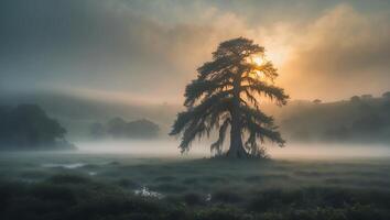 Lone Tree in Misty Meadow Glowing with Sunrise Light photo