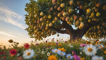 Fruit Tree Full of Fruit Standing in a Meadow with Flowers photo