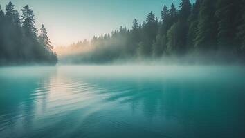 Calm Turquoise Lake Water with Fog and Green Forest Trees photo