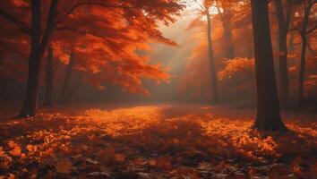 Walking Through a Forest Path Covered in Autumn Leaves and Sunlight photo