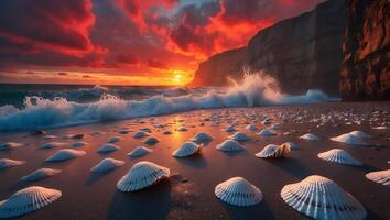 Seashells on Beach at Sunset with Waves and Colorful Sky photo