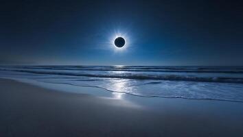 Total Solar Eclipse Over Ocean at Beach Landscape with Waves photo