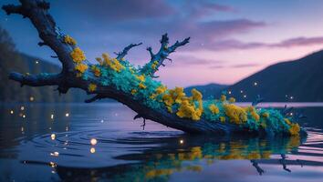 Fallen Tree Branch Adorned with Moss Reflects in Calm Waters photo