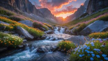 Cascading River Flowing Through Mountain Valley at Dramatic Sunset photo