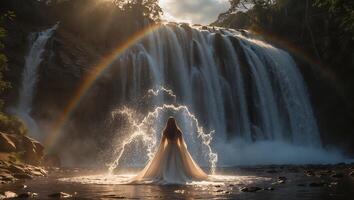 Woman in Dress by Waterfall with Rainbow and Water Sprays photo