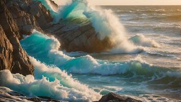 Ocean Waves Crashing Against Rocky Shoreline with Turquoise Water Splashes photo
