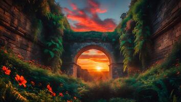 Stone Archway with Lush Vegetation and Vibrant Sunset Sky View photo