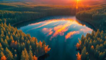 Aerial View of Lake Surrounded by Forest Reflecting Sunset Sky photo