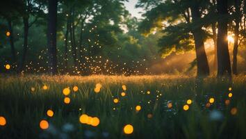Glowing Meadow at Dusk with Fireflies in a Forest Setting photo