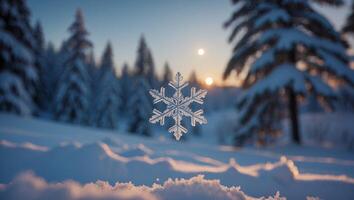 Snowflake Floating Above Snowy Landscape with Sun Setting Behind Trees photo