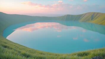 Scenic Crater Lake Surrounded by Green Hills Reflecting Soft Sky photo
