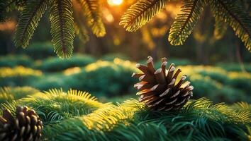 Pine Cone Resting on Evergreen Branch with Forest Sunlight photo