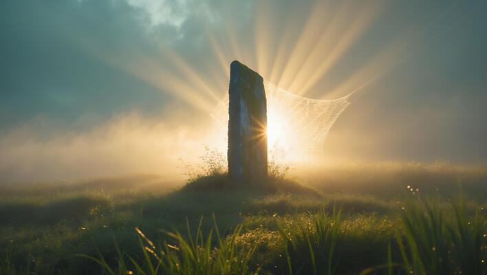 Standing Stone in Foggy Field with Sun Rays and Spiderweb