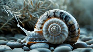 Snail Crawling on Pebbles with Shell Showing Spiral Pattern photo