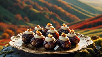 Arrangement of Stuffed Dates on Plate with Rural Background photo