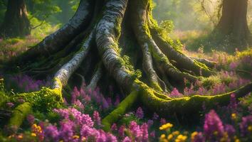 Tree Roots Spreading Across Field of Flowers in Forest Setting photo
