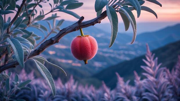 Hanging Fruit on a Branch with Mountains in the Background photo