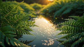 Fern Reflecting in Water at Sunrise Nature Scene with Bokeh photo