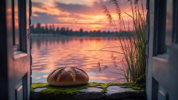 Loaf of Bread at Peaceful Lakeside Sunset Seen Through Open Door photo