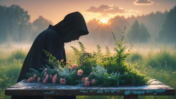 Person Tending to Flowers on a Table During Foggy Sunrise photo