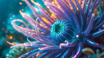 Illuminated Sea Anemone Underwater with Purple Tentacles and Glowing Particles photo