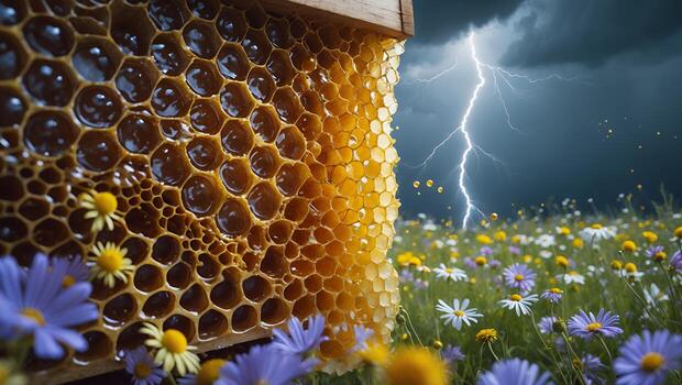 Honeycomb Dripping with Honey on Meadow Under Stormy Skies with Lightning photo