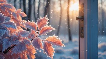 Winter Scene Frosty Leaves Near Door with Snow and Sunlight photo