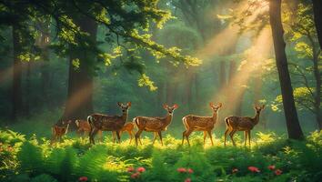 Deer Family Walking Through Forest with Sunlight Streaming Through Trees photo