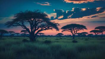 Scenic African Savanna Landscape at Dusk with Umbrella Acacia Trees photo