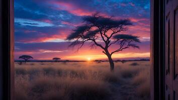 Dramatic Tree Silhouette at Sunset Viewing From Open Doorway Scenic photo