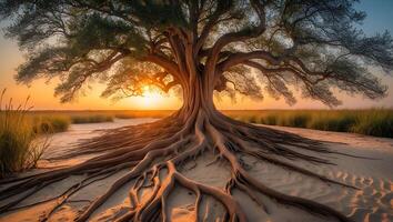 Majestic Old Tree with Exposed Roots at Sunset Over Sandy Ground photo