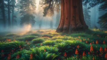Standing Giant Sequoia Tree in a Misty Forest with Ferns and Flowers photo
