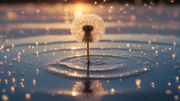 Dandelion Seed Head Standing in Water with Sunlight and Ripples photo