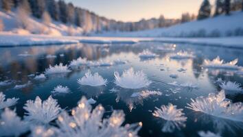 Ice Crystals Floating on Cold Lake in Winter Landscape Scenery photo