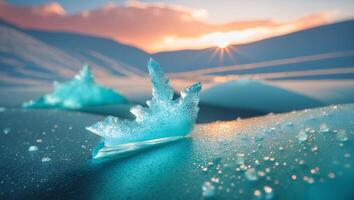 Delicate Ice Crystals at Sunset Gleaming on Frozen Surface Landscape photo