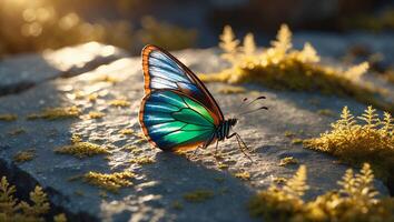 Butterfly Resting on Stone Path with Moss and Sunlight Shining Through photo