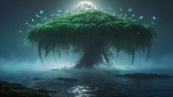 Magical Tree Hovering Over Water with Butterflies and Full Moon photo
