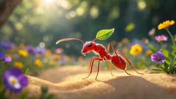 Red Ant Carrying Leaf on a Sandy Path Surrounded by Flowers photo