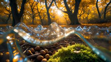 Ground Level Acorns Moss and Glass Structure in Autumn Forest photo