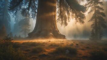 Majestic Sequoia Tree Bathed in Golden Sunlight in a Misty Forest photo