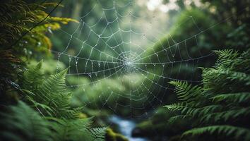 Spiderweb Covered in Dew Drops in a Lush Green Forest photo