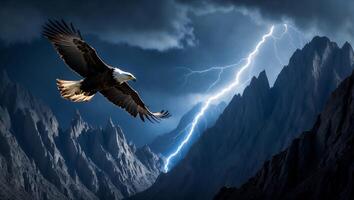 Eagle Soaring Through Stormy Sky with Mountain Peaks and Lightning photo
